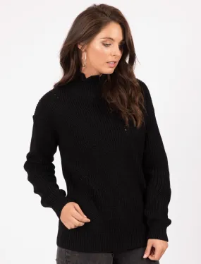 Sasha Ruffle Neck Pointelle Knit Jumper in Black - Tokyo Laundry