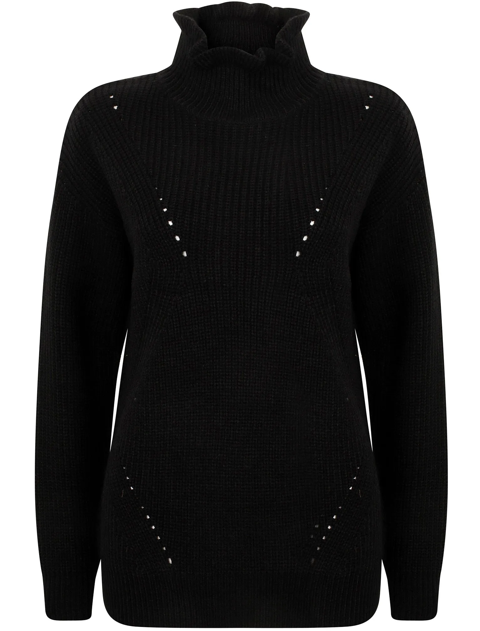 Sasha Ruffle Neck Pointelle Knit Jumper in Black - Tokyo Laundry