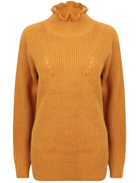 Sasha Ruffle Neck Pointelle Knit Jumper in Dark Gold - Tokyo Laundry