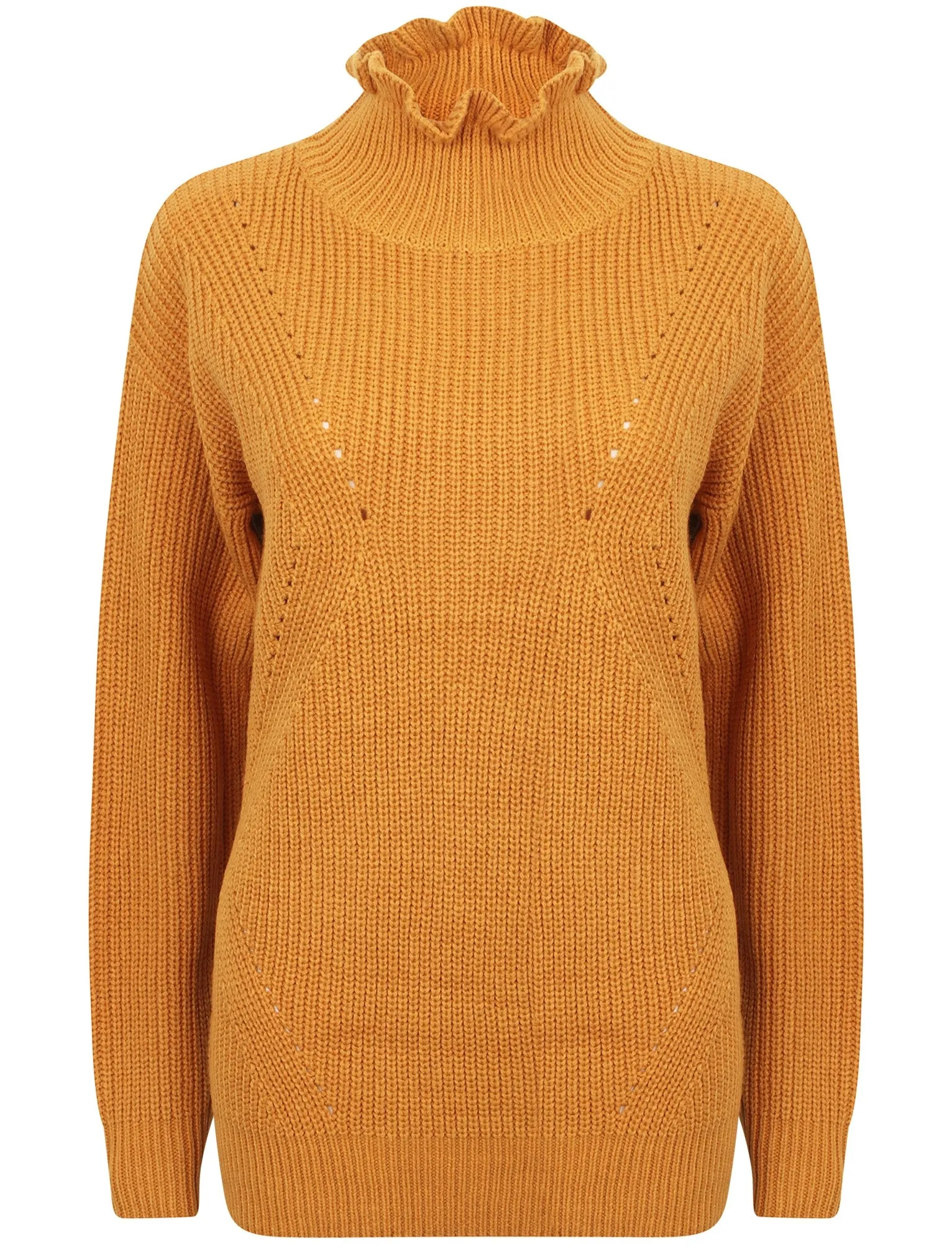 Sasha Ruffle Neck Pointelle Knit Jumper in Dark Gold - Tokyo Laundry