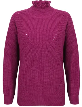 Sasha Ruffle Neck Pointelle Knit Jumper in Fushia Pink - Tokyo Laundry