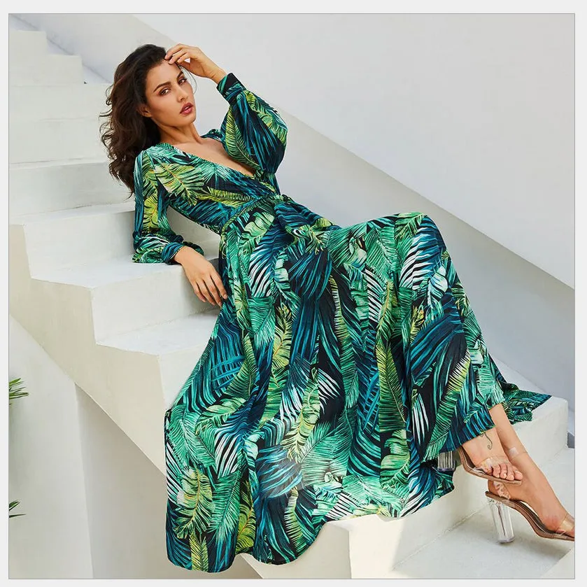Sexy For Me - Leaf Print Maxi Dress