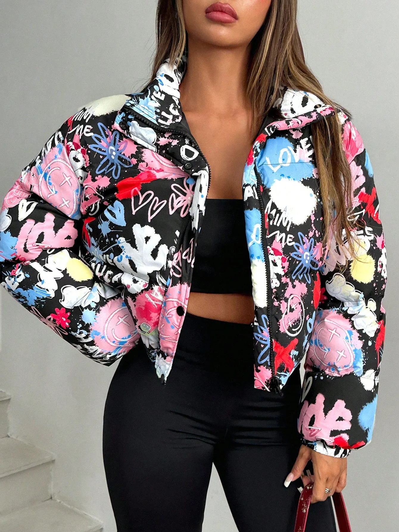 SHEIN EZwear Graffiti Print Drop Shoulder Drawstring Hem Padded Coat