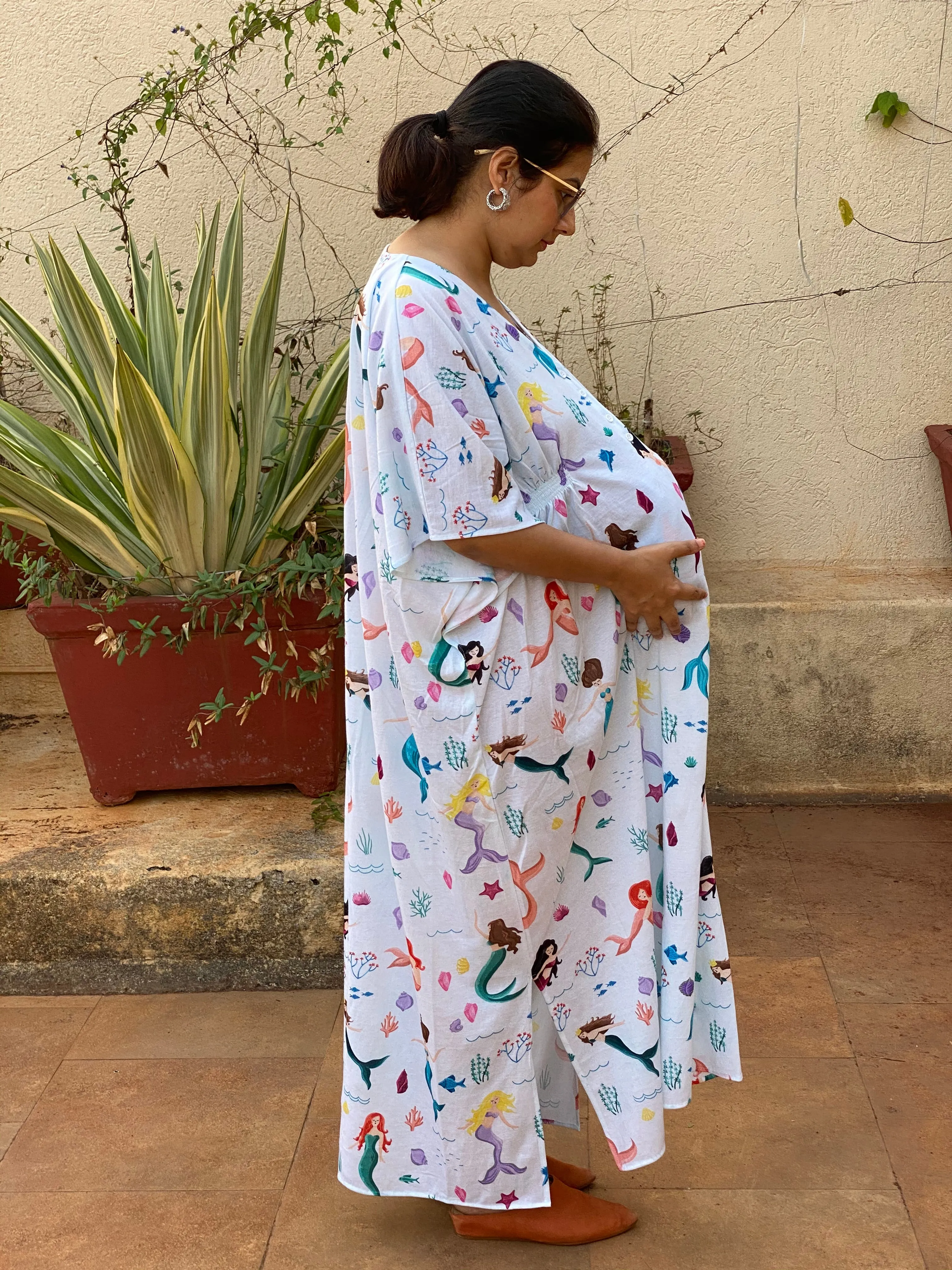 Singing Mermaids in White Maternity "Stunningly Simple" Style Caftan | Soft Jersey Knit Organic Cotton | Maternity House Dress