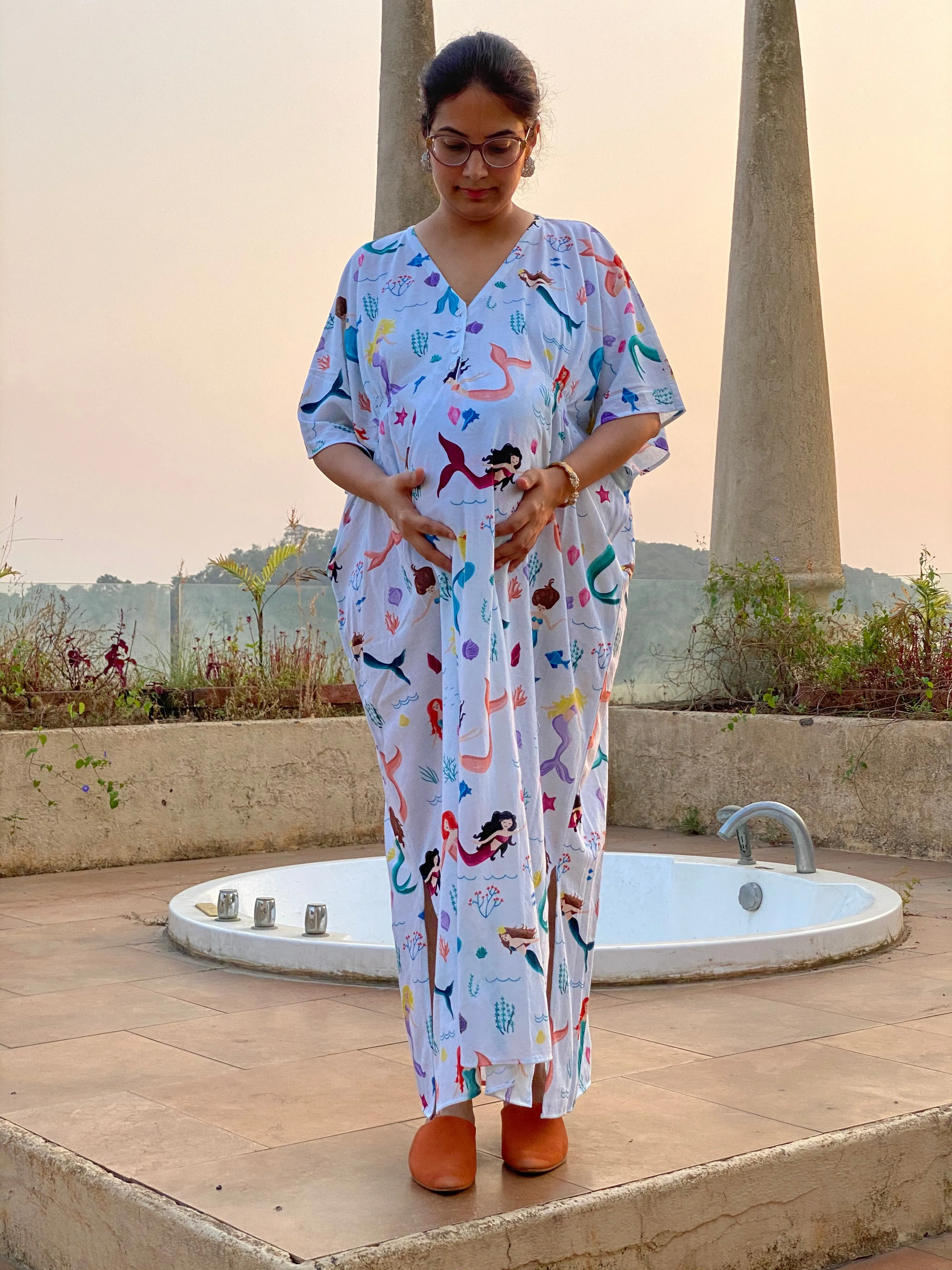 Singing Mermaids in White Maternity "Stunningly Simple" Style Caftan | Soft Jersey Knit Organic Cotton | Maternity House Dress