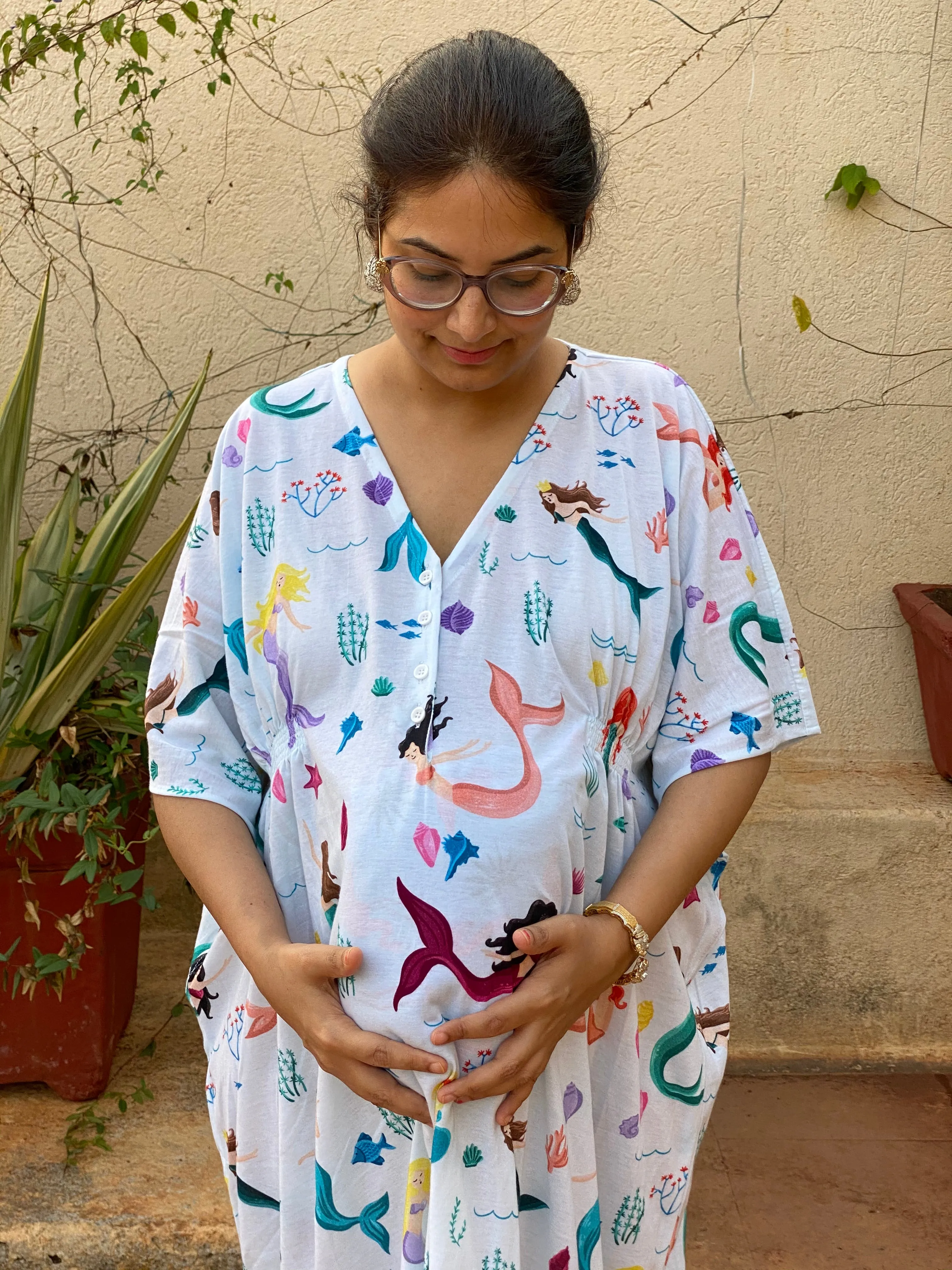 Singing Mermaids in White Maternity "Stunningly Simple" Style Caftan | Soft Jersey Knit Organic Cotton | Maternity House Dress