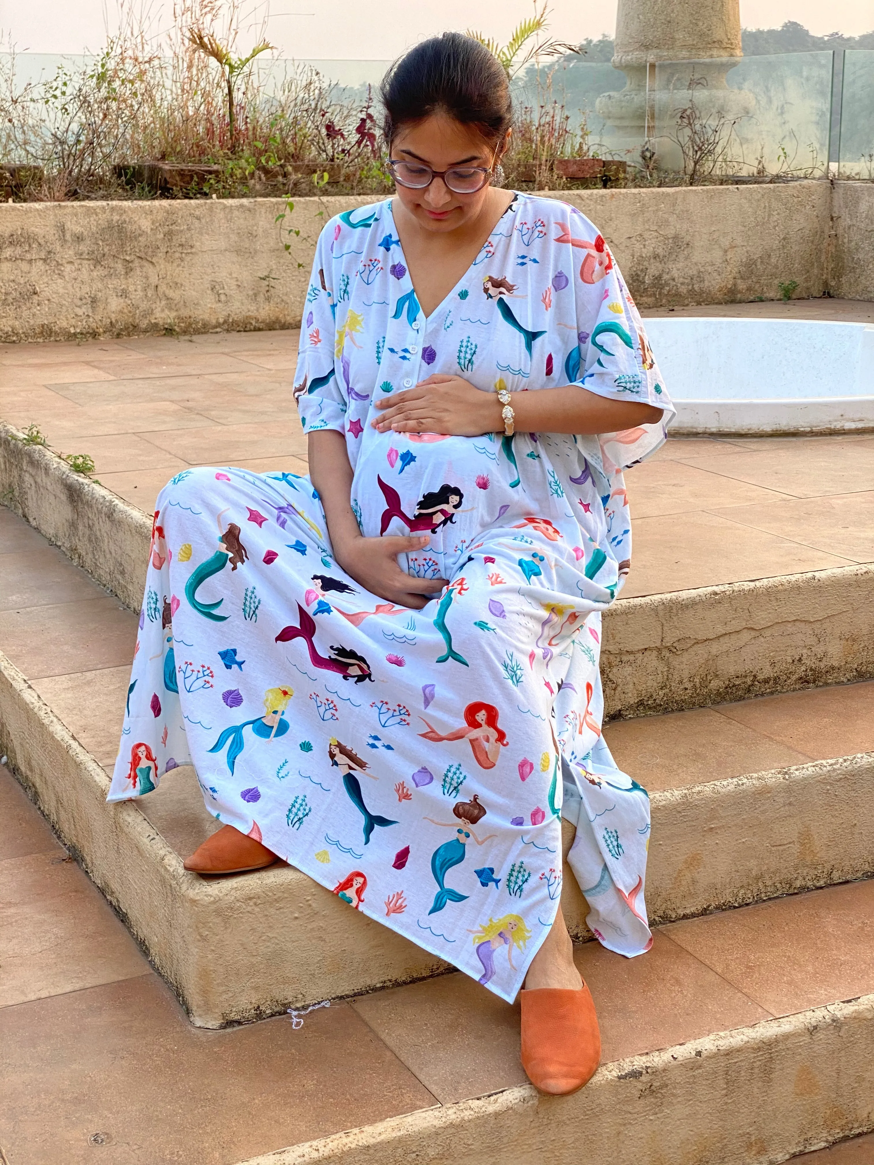 Singing Mermaids in White Maternity "Stunningly Simple" Style Caftan | Soft Jersey Knit Organic Cotton | Maternity House Dress