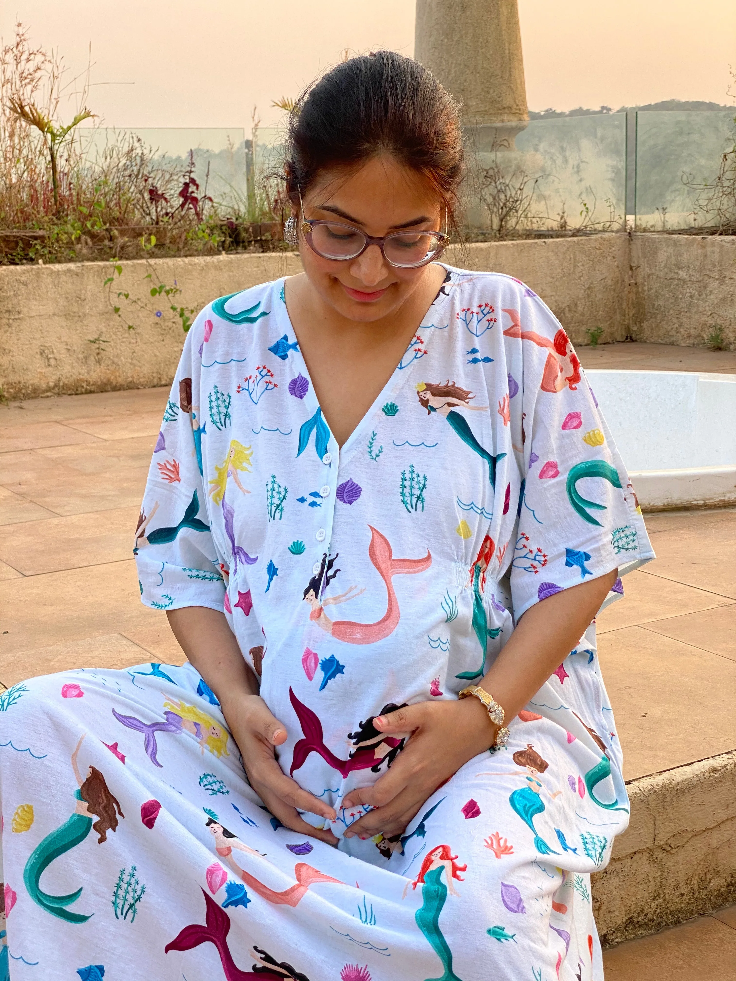 Singing Mermaids in White Maternity "Stunningly Simple" Style Caftan | Soft Jersey Knit Organic Cotton | Maternity House Dress