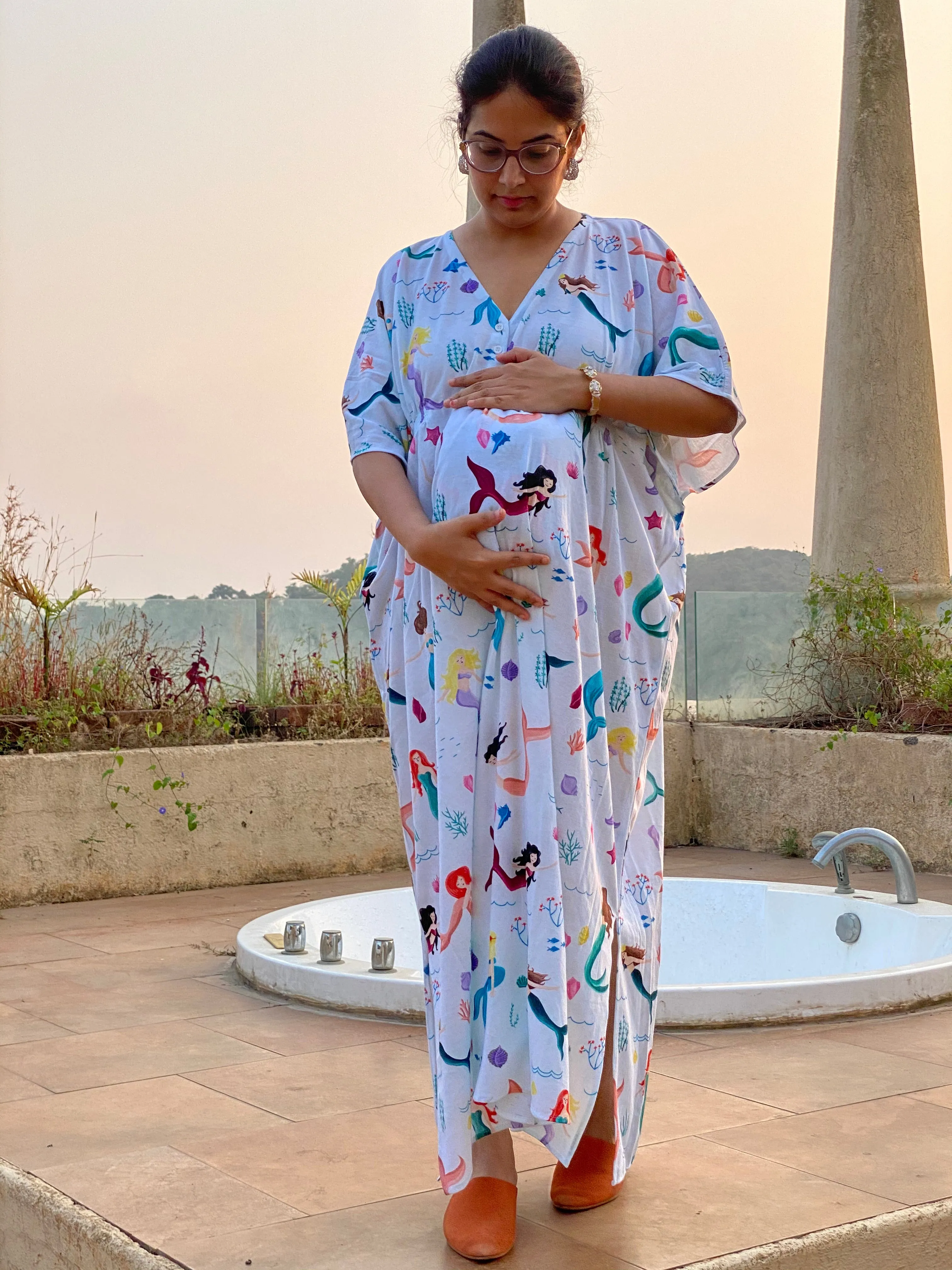 Singing Mermaids in White Maternity "Stunningly Simple" Style Caftan | Soft Jersey Knit Organic Cotton | Maternity House Dress