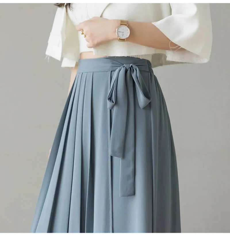 Summer New Style Korean Women Big Hem Skirt Trousers Pleated Chiffon Trousers High Waist Pants Hakama Casual Wide Leg Pantalones