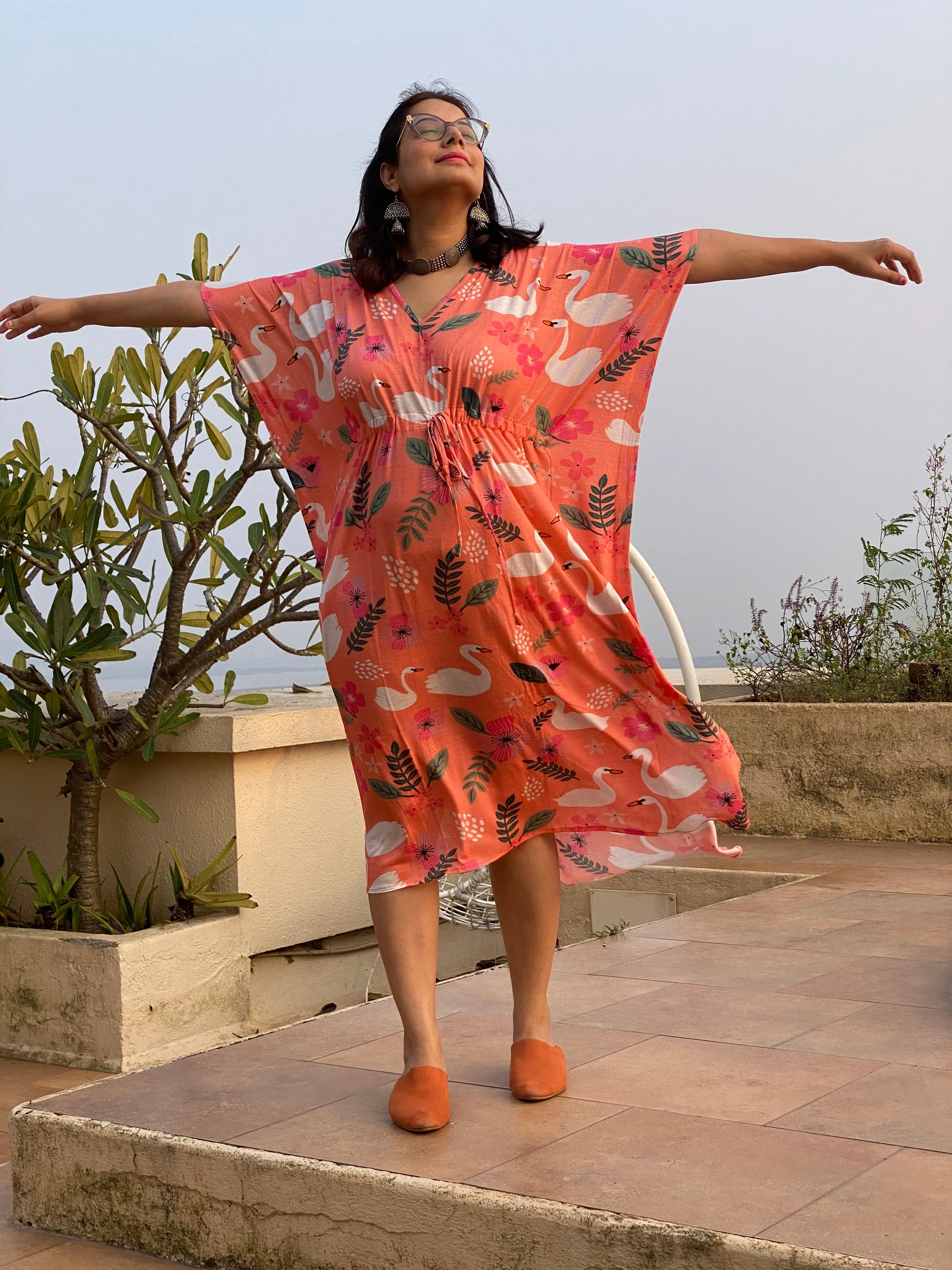 Swans and Flowers "Timeless" Style Caftan | Soft Jersey Knit Organic Cotton | Perfect Loungewear House Dress