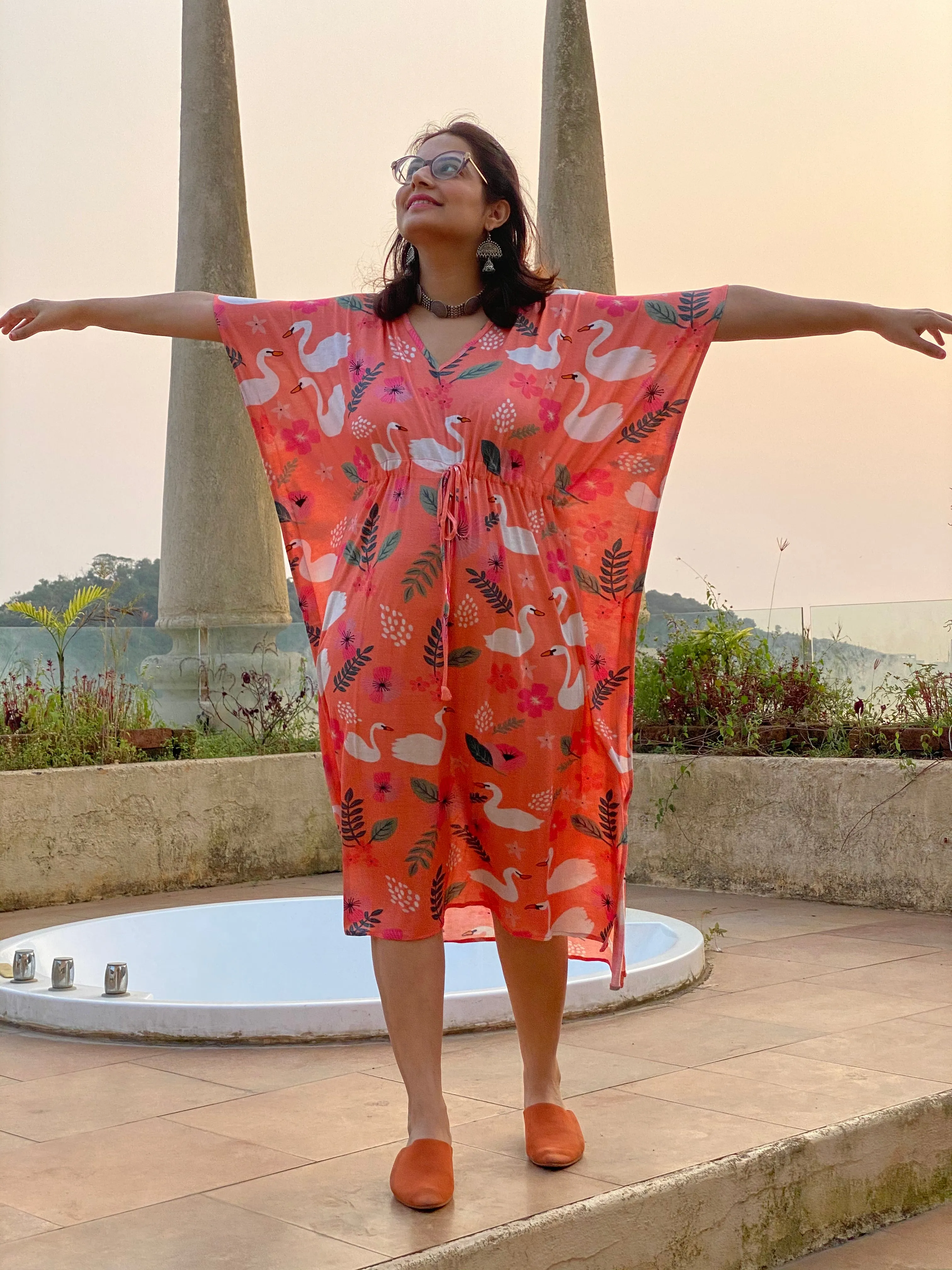 Swans and Flowers "Timeless" Style Caftan | Soft Jersey Knit Organic Cotton | Perfect Loungewear House Dress