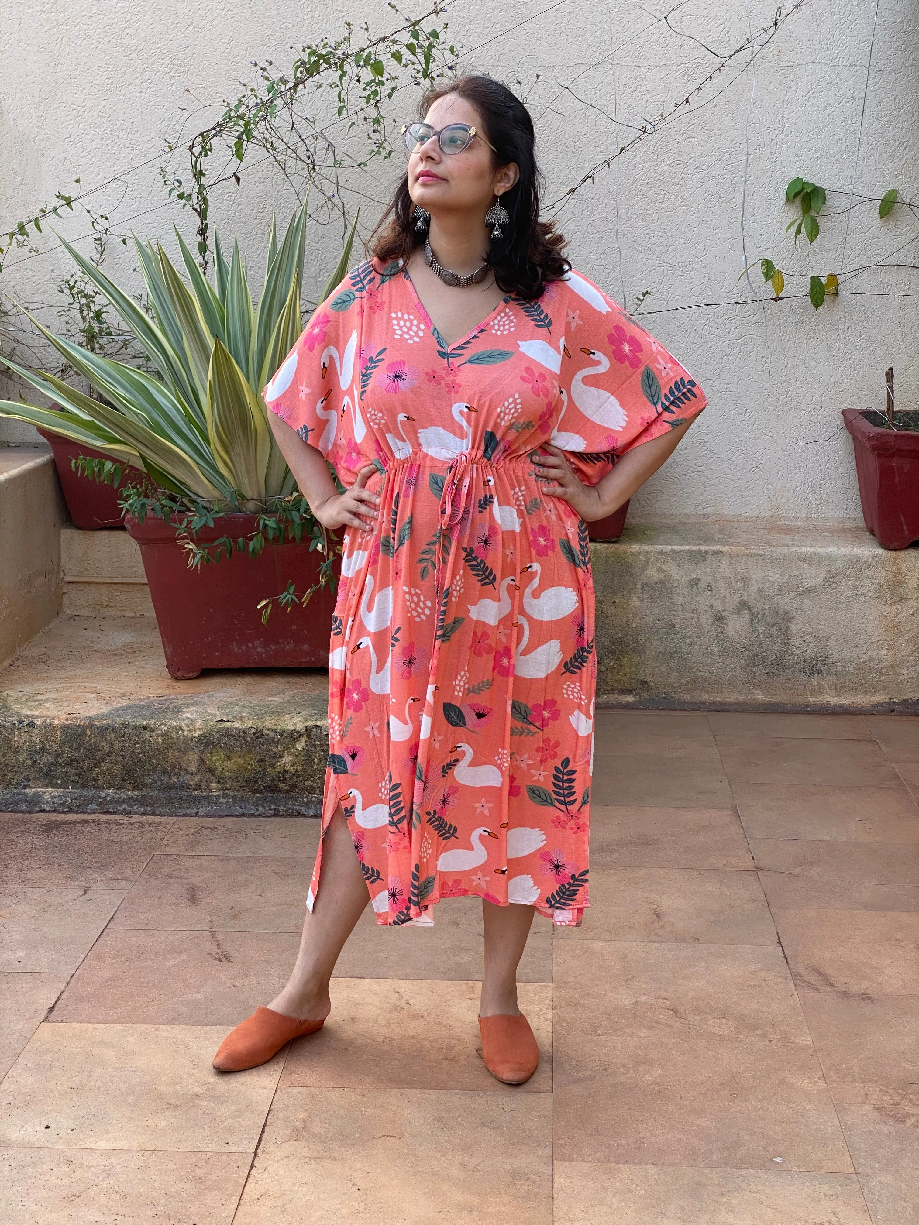 Swans and Flowers "Timeless" Style Caftan | Soft Jersey Knit Organic Cotton | Perfect Loungewear House Dress