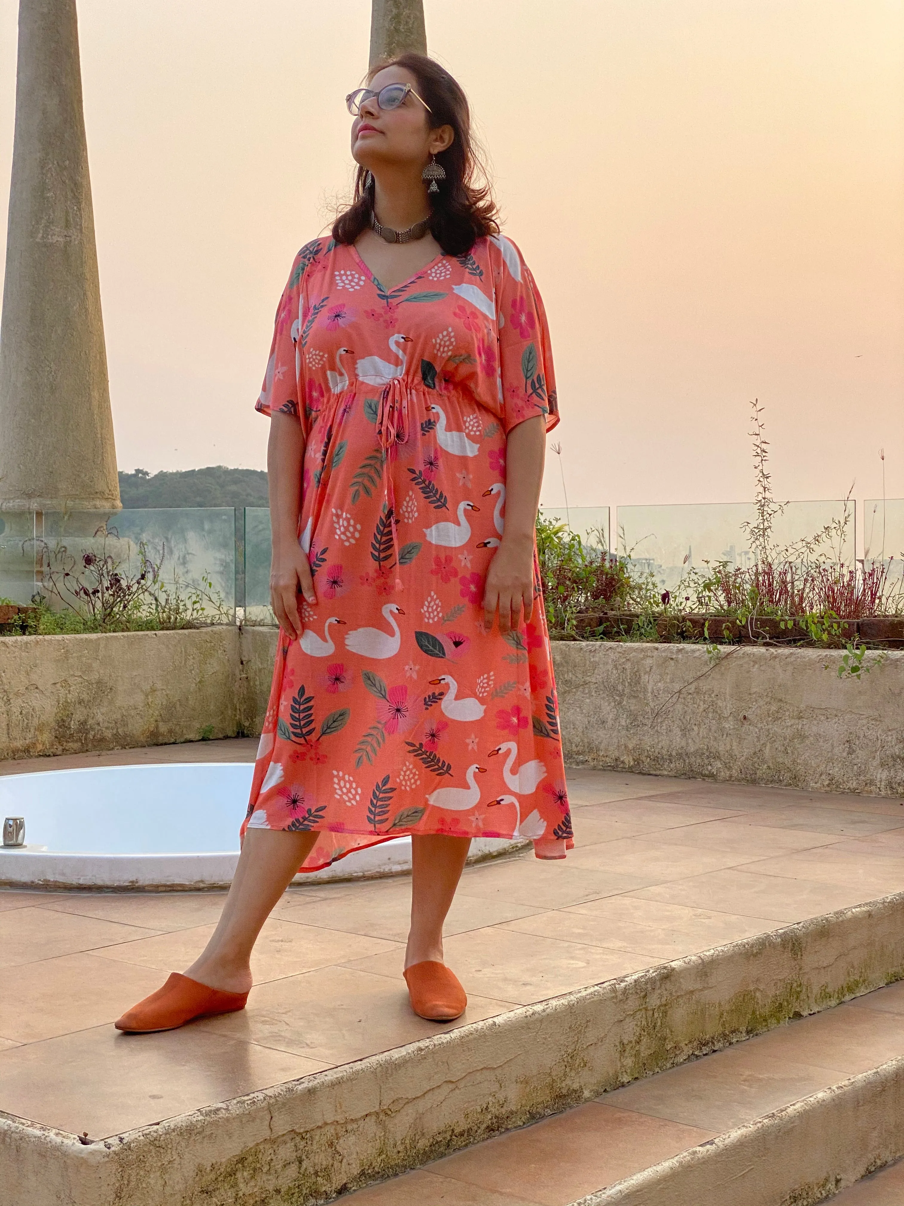 Swans and Flowers "Timeless" Style Caftan | Soft Jersey Knit Organic Cotton | Perfect Loungewear House Dress