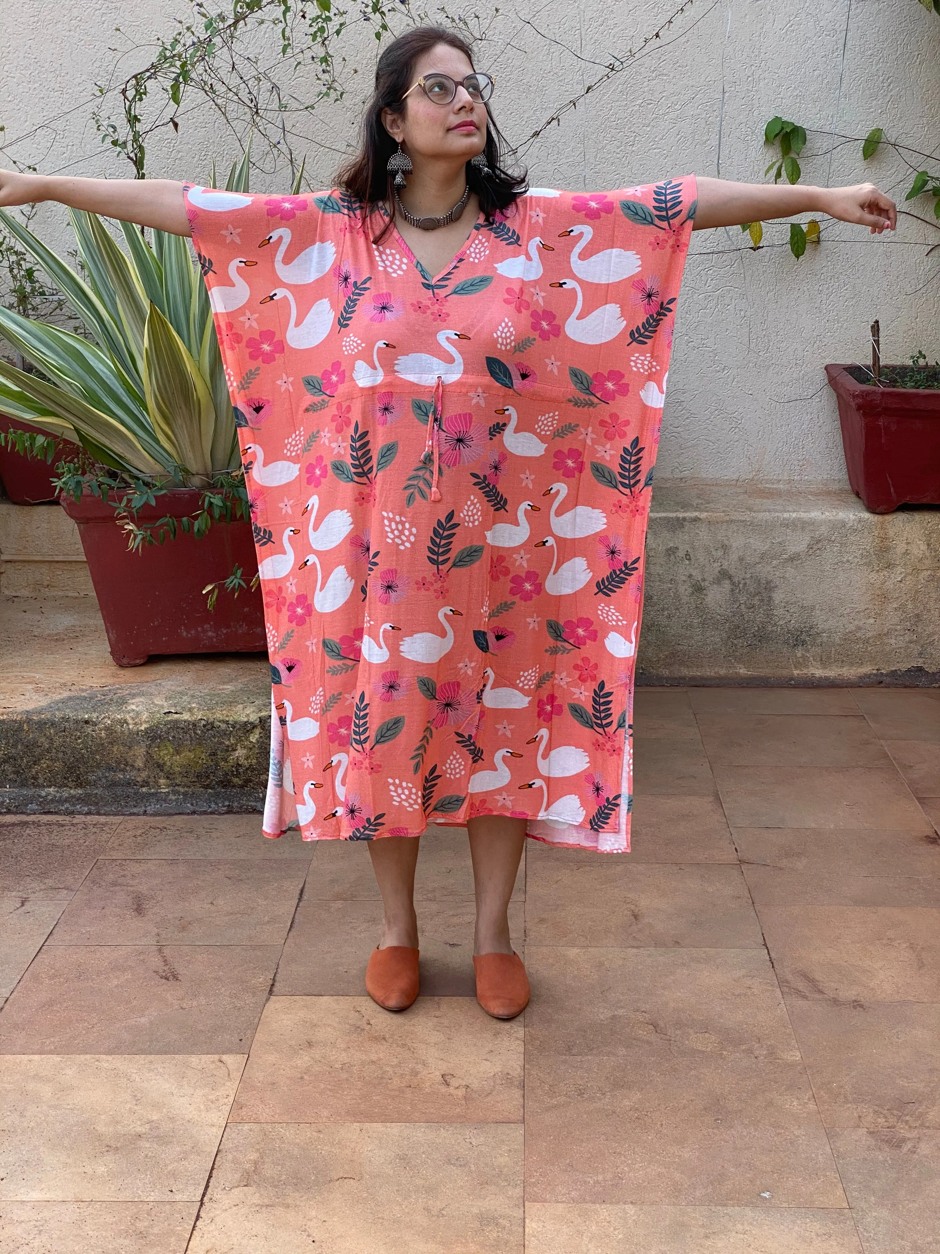 Swans and Flowers "Timeless" Style Caftan | Soft Jersey Knit Organic Cotton | Perfect Loungewear House Dress
