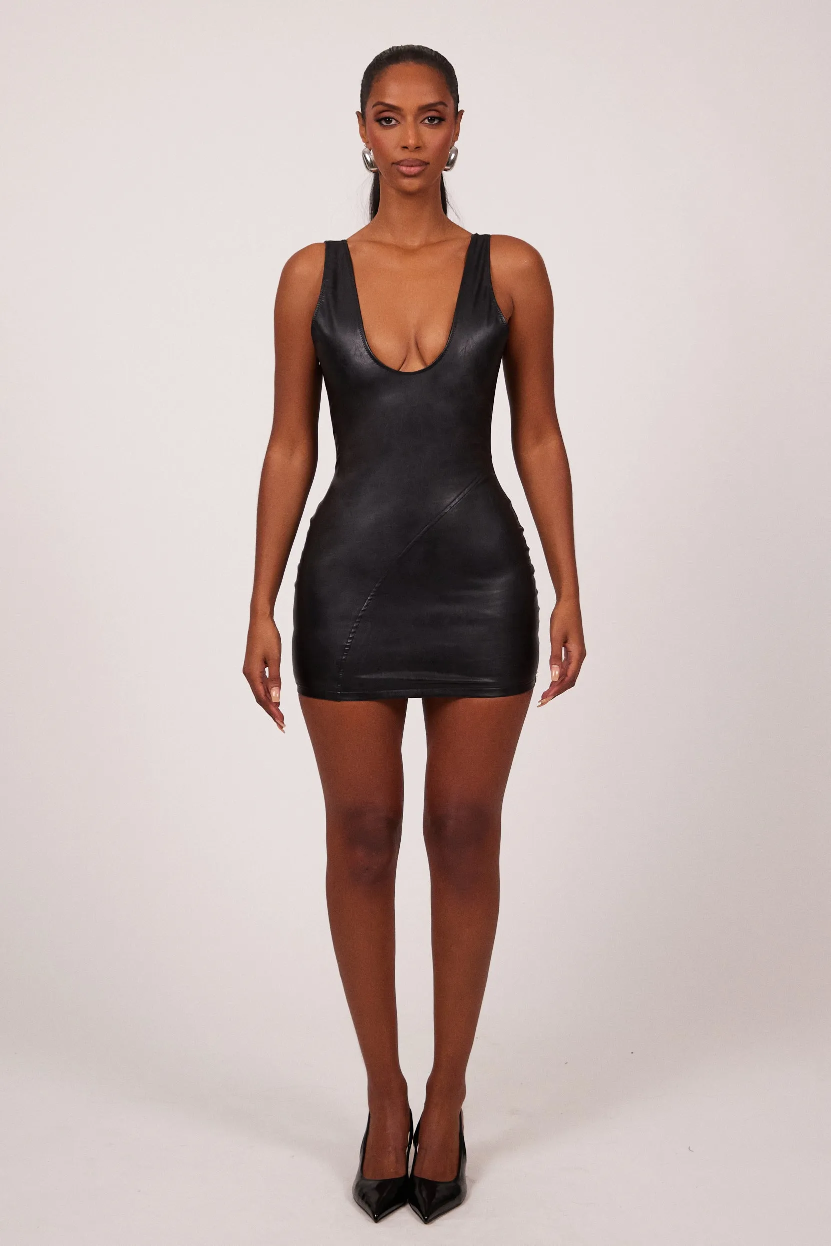 The leather dress with gloves - Black