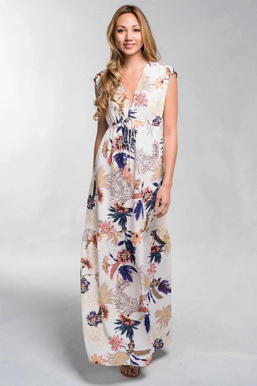 Tropical Floral Print Plunge V Neck Maxi Dress