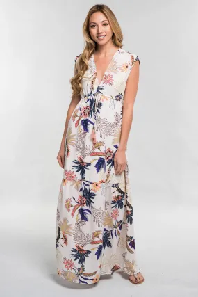 Tropical Floral Print Plunge V Neck Maxi Dress