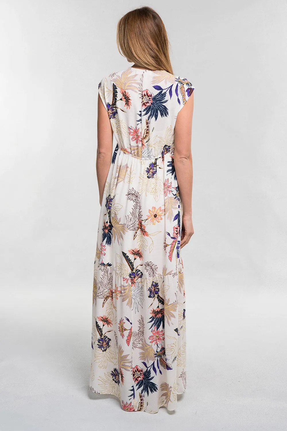 Tropical Floral Print Plunge V Neck Maxi Dress