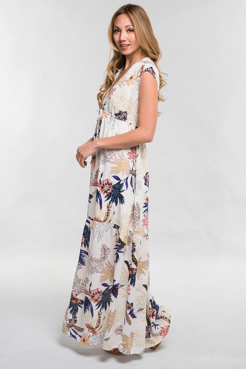 Tropical Floral Print Plunge V Neck Maxi Dress
