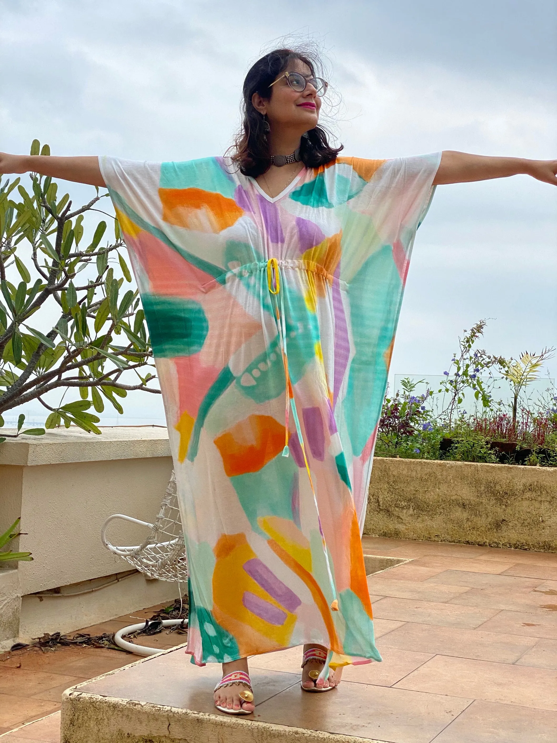Whimsy Strokes "Timeless" Style Kaftan | Soft Jersey Knit Organic Cotton | Perfect Loungewear House Dress