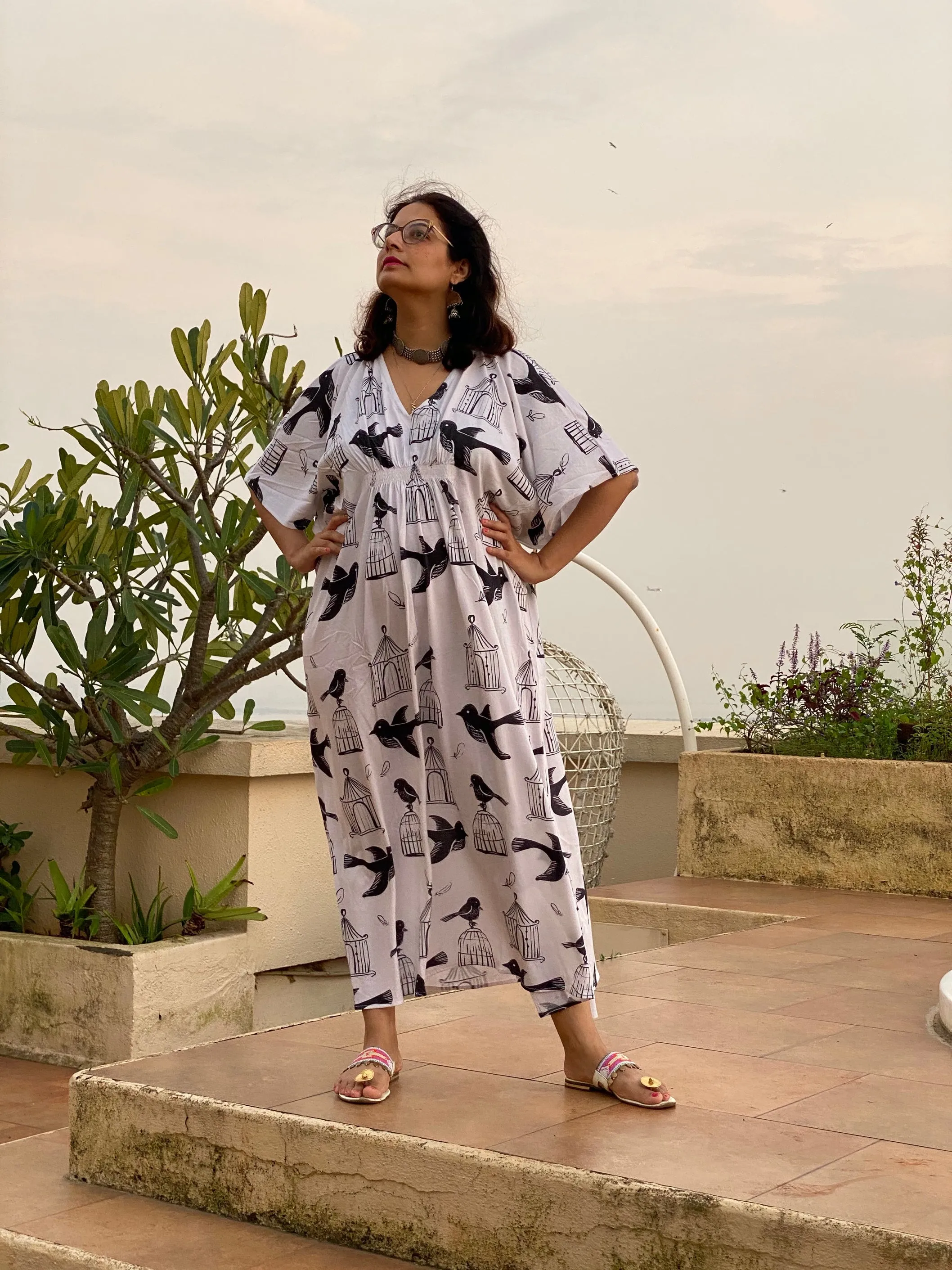 White Free thinker "Stunningly Simple" Style Caftan | Soft Jersey Knit Organic Cotton | Perfect Loungewear House Dress