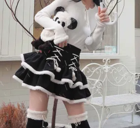 Winter Lolita Black Red Brown Fur Edge Ruffled High Waist Short Skirt Winter Lolita Black Red Brown Fur Edge Ruffled High Waist Short Skirt