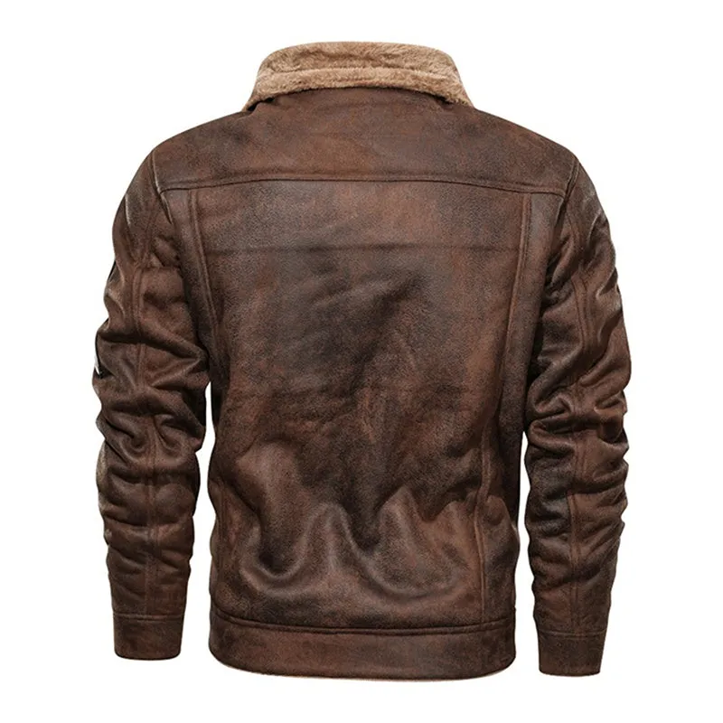Winter Men Turn-down Collar Leather Jacket Outwear