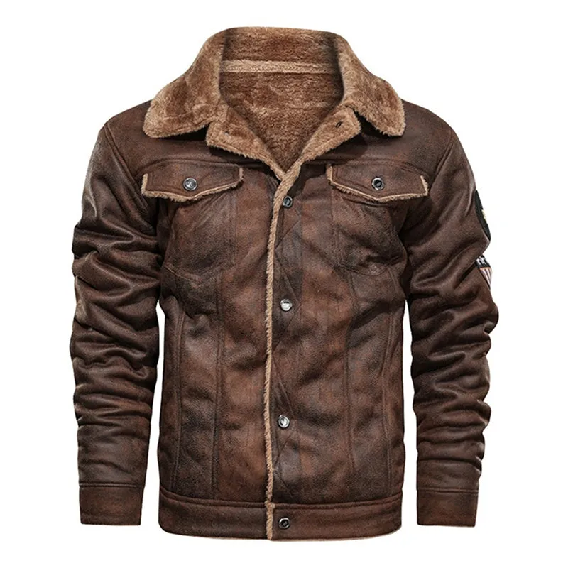 Winter Men Turn-down Collar Leather Jacket Outwear