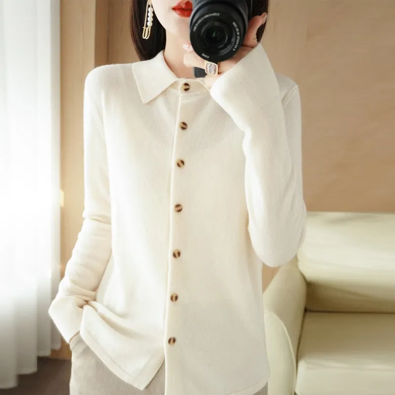 Women&#39;s Wool Knit Cardigan Jacket Loose Polo Collar Sweater Outer Solid Color Button Knit Shirt Pullover French 2022 New  Spring