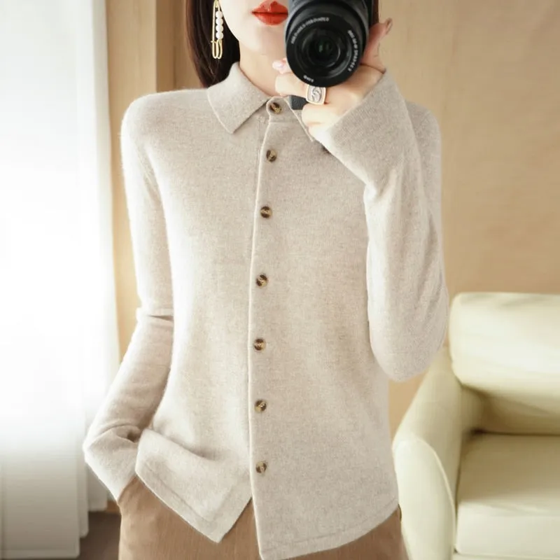 Women&#39;s Wool Knit Cardigan Jacket Loose Polo Collar Sweater Outer Solid Color Button Knit Shirt Pullover French 2022 New  Spring