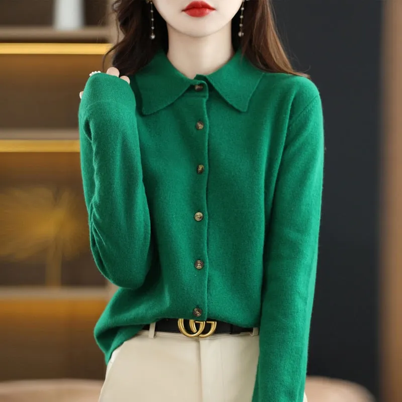 Women&#39;s Wool Knit Cardigan Jacket Loose Polo Collar Sweater Outer Solid Color Button Knit Shirt Pullover French 2022 New  Spring