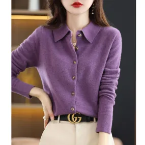 Women&#39;s Wool Knit Cardigan Jacket Loose Polo Collar Sweater Outer Solid Color Button Knit Shirt Pullover French 2022 New  Spring