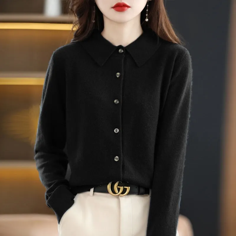 Women&#39;s Wool Knit Cardigan Jacket Loose Polo Collar Sweater Outer Solid Color Button Knit Shirt Pullover French 2022 New  Spring